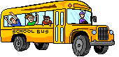 Animated school bus with children waving.